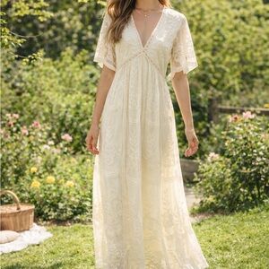 Pinkblush Ivory Lace V-Neck Maxi Dress with Flutter Sleeves